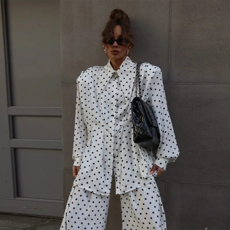 Elegant Dot Shirt Pants Women Set Casual Lapel Button Pleated Blouse Wide Leg Trousers 2026 Spring Summer Chic Lady Outfit New