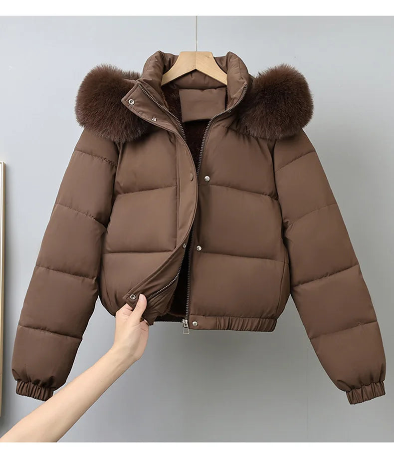 Short Coats Women Parkas Hooded Fur Collar Jackets Thick Warm Y2k Streetwear Elegant Jacket Work Coat Autumn Winter 2025