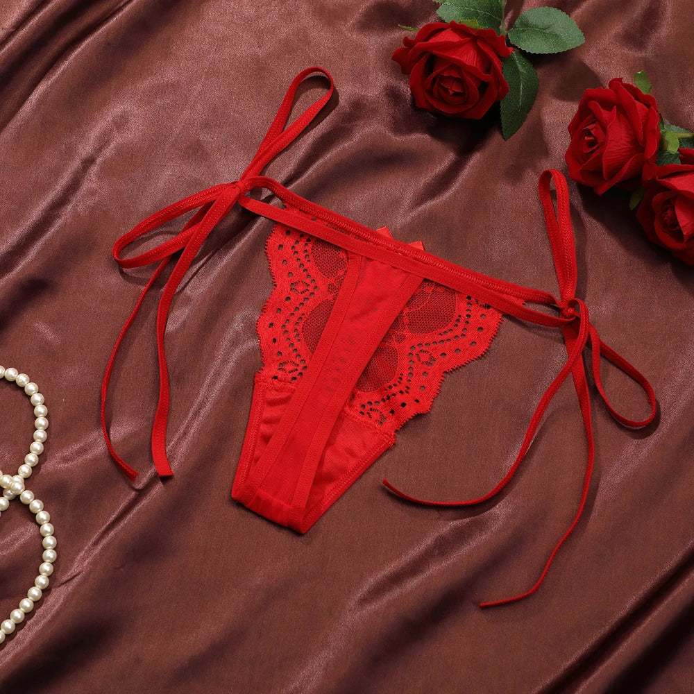 Detachable And Adjustable Waistband  Lace Trim Underwear Women Sexy Low Waist Perspective Temptation Thong Bow Lingerie
