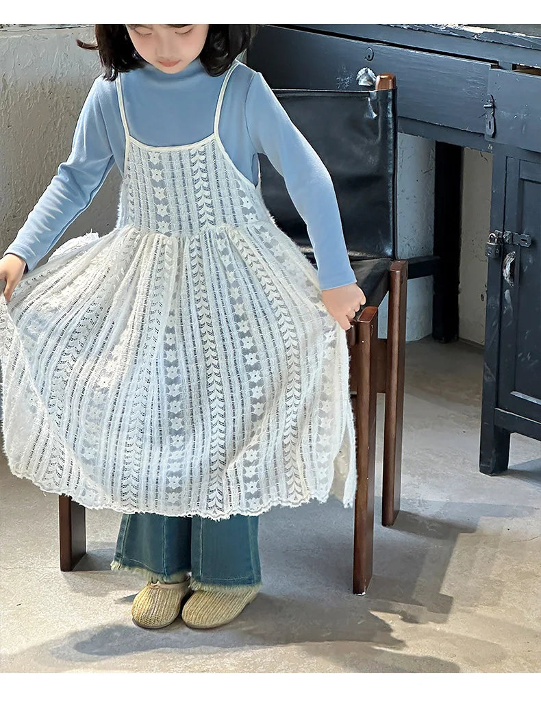Girl Casual Dresses Autumn Winter Childrens Clothing New Korean 2026 Lace Camisole Skirt Washing Retro Make Old Jeans
