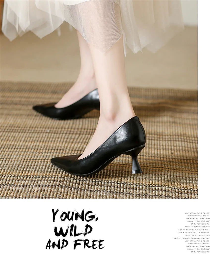 Soft Leather Concise Ladies Office Shoes 2026 Spring Shallow Comfort 6.0cm High Heels Women Pumps Dress Pointy Toe Wedding Shoes