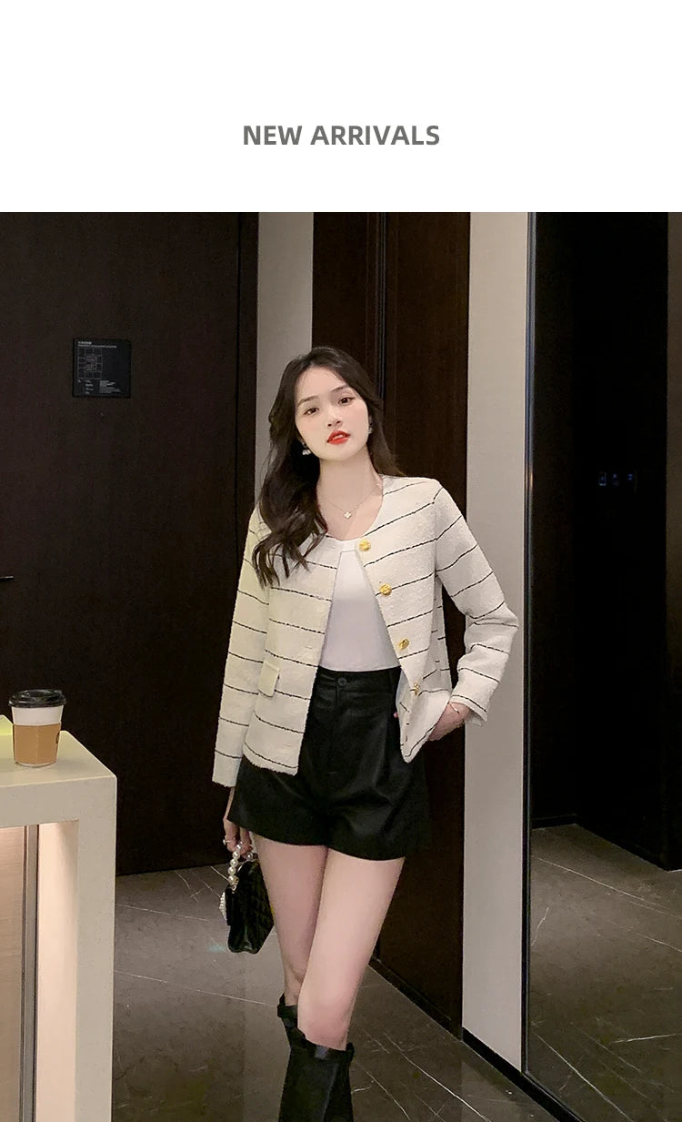Korean Fashion Casual Small Fragrance Tweed Jacket Coat Women Fall Winter Fried Street Striped Coat Casaco Woolen Outwear Top
