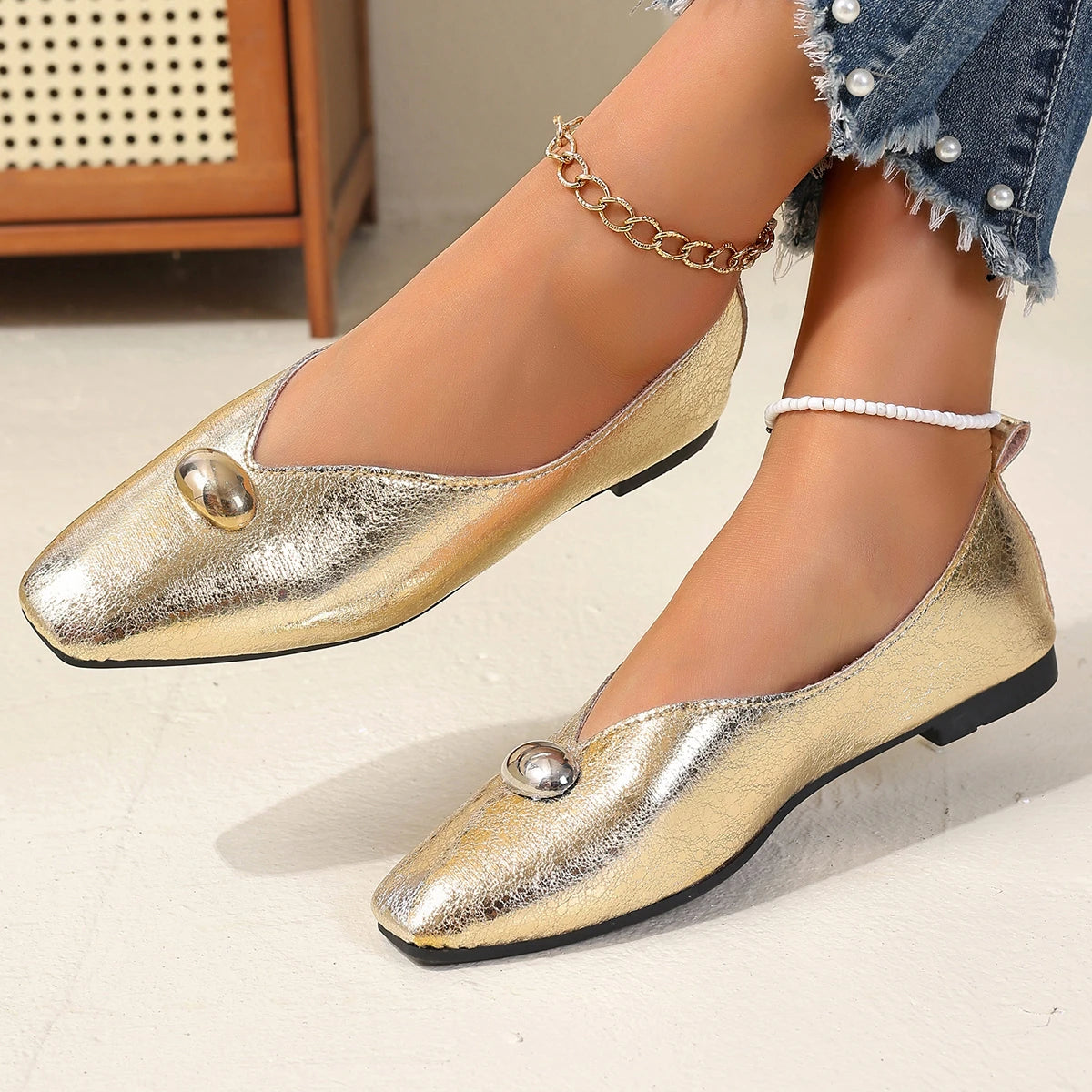 Women Flats Plus Size French Style Shoes One Step Shallow Square Toe Loafers Shoes Versatile Comfortable Summer Sneakers Women