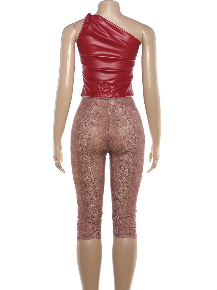 Sisterlinda Summer Hipster 2-Piece Set Women Slanted Shoulder Pu Tank Top+Calf Shorts Matching Stretch Skinny Clubwear Outfits