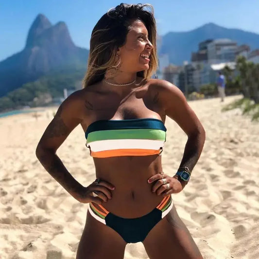 Women's Swimsuit Sexy Split Bikini Plain Cloth Splicing Striped Swimsuit Swimwear