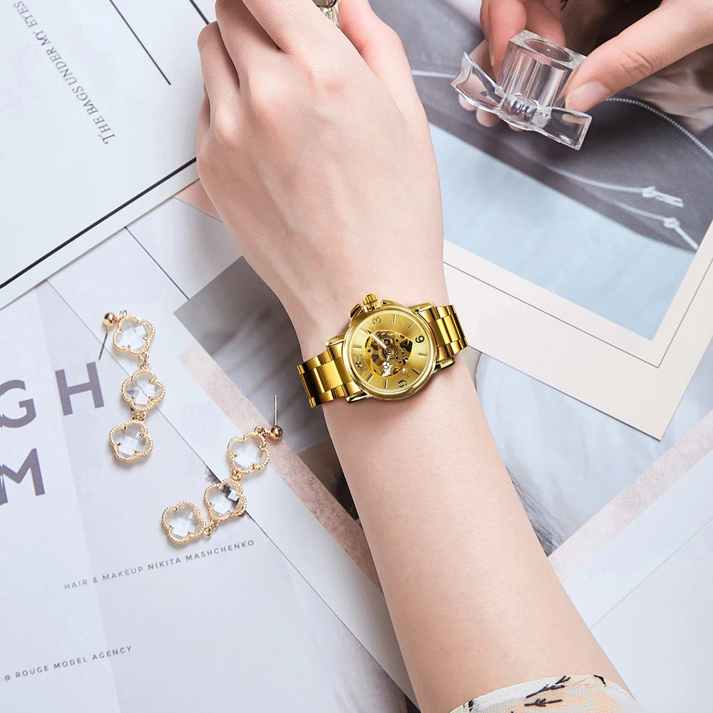 WINNER Fashion Elegant Ladies Watches Top Brand Luxury Skeleton Gold Automatic Mechanical Watch for Women Stainless Steel Strap