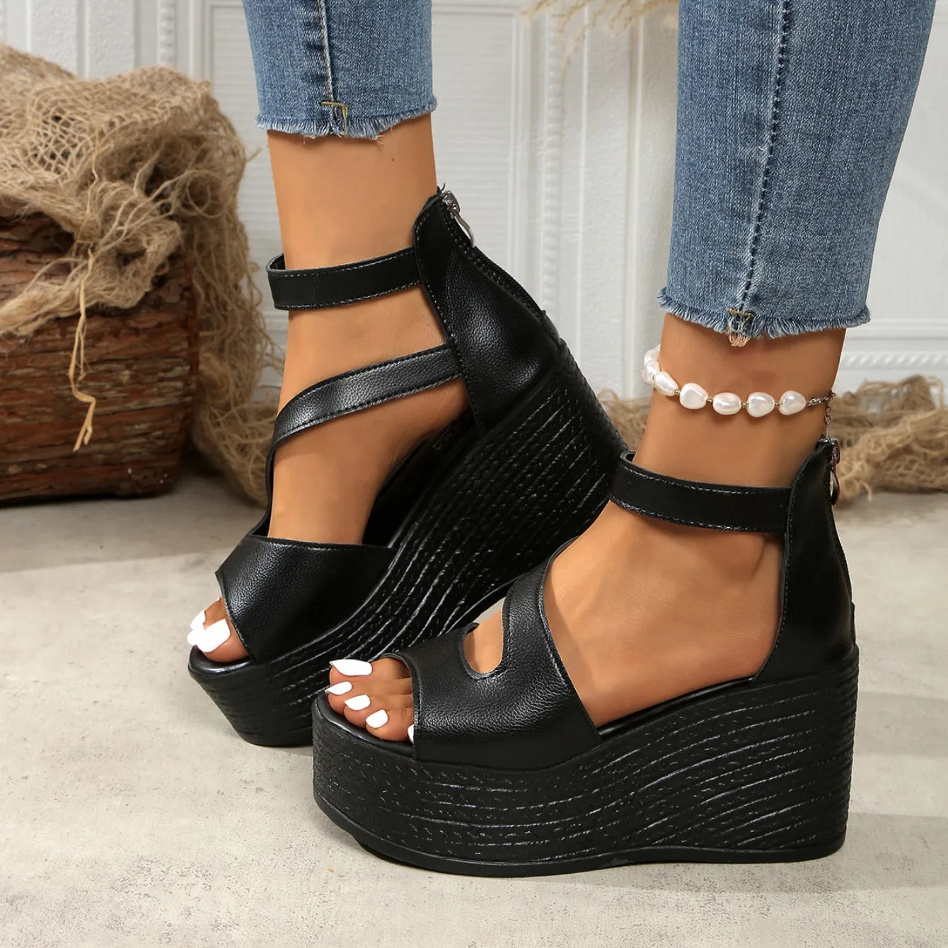 Women Wedges Sandals 2024 New Summer High Heels Sandals Women Fashion Beach Solid Platform Shoes for Women Sandalias De Mujer
