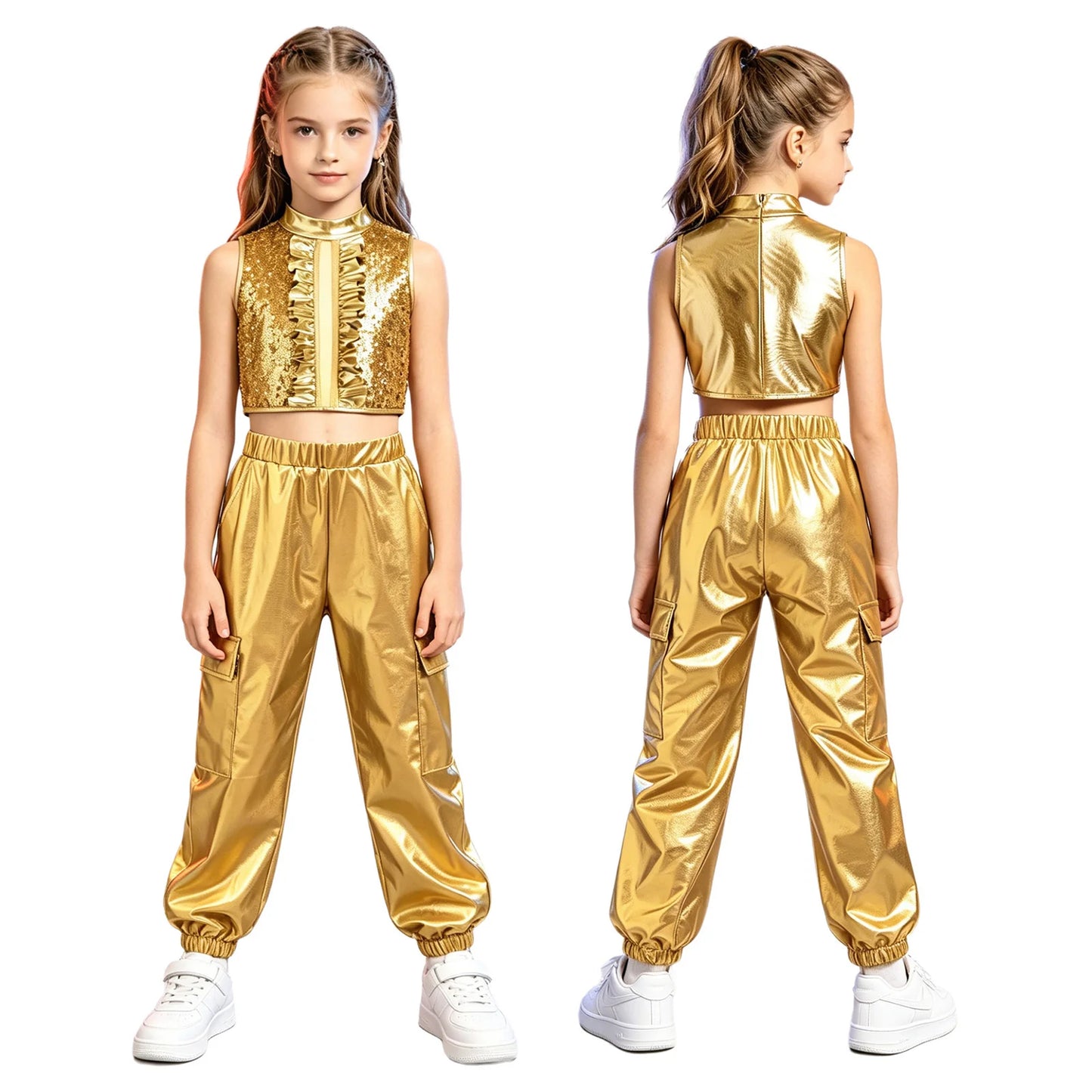 Kids Girls Disco Jazz Hip Hop Dance Outfit Sleeveless Shiny Sequin Ruffle Crop Top with Metallic Pants School Show Party Costume