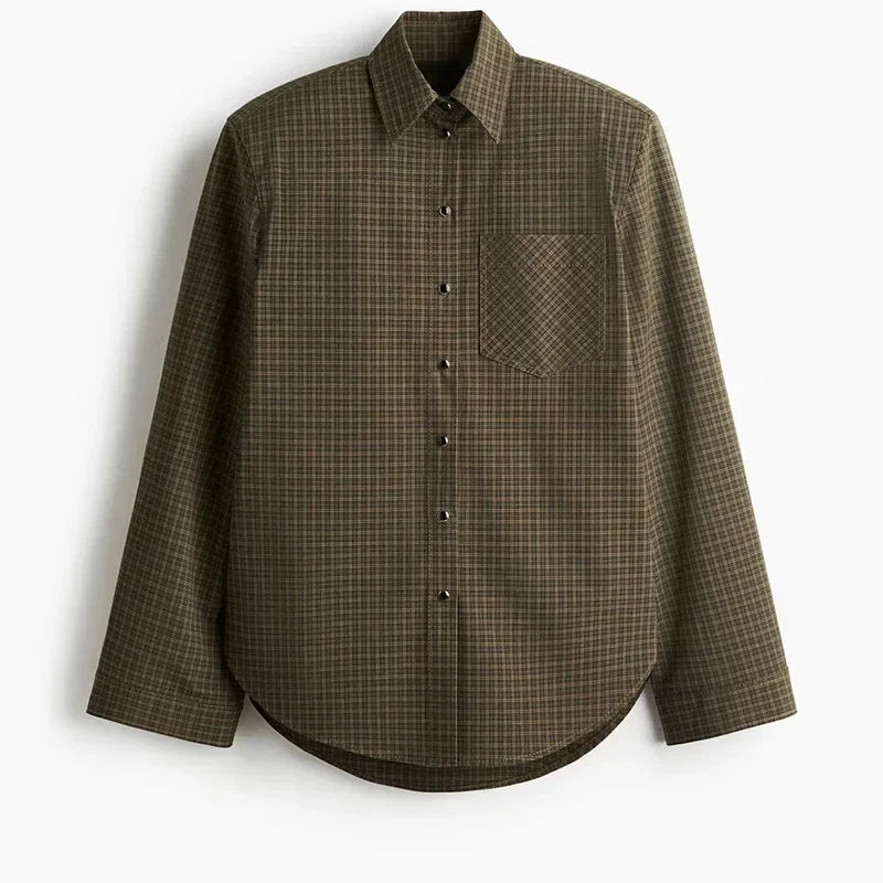 Casual Women's Green Plaid Shirts Loose Lapel Long Sleeve Single Breasted Pockets Female Shirt 2025 Autumn Lady All-match Tops
