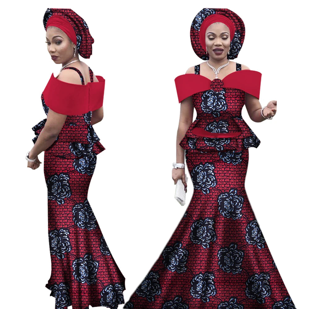 African Outfits with Headtie for Women Dashiki Bazin Print Strap Tops and Long Skirts Women Set African Clothing WY3113