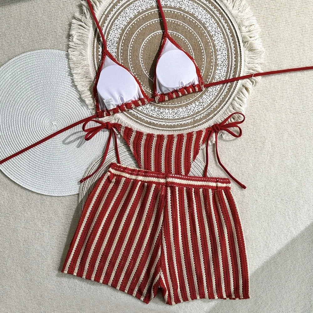 Fashion Stripes 3 in 1 Swimwear Set Lace Up Slim Fit Bikini Bathing Suit Deep-V Sleeveless Knitting Swimsuit Beach