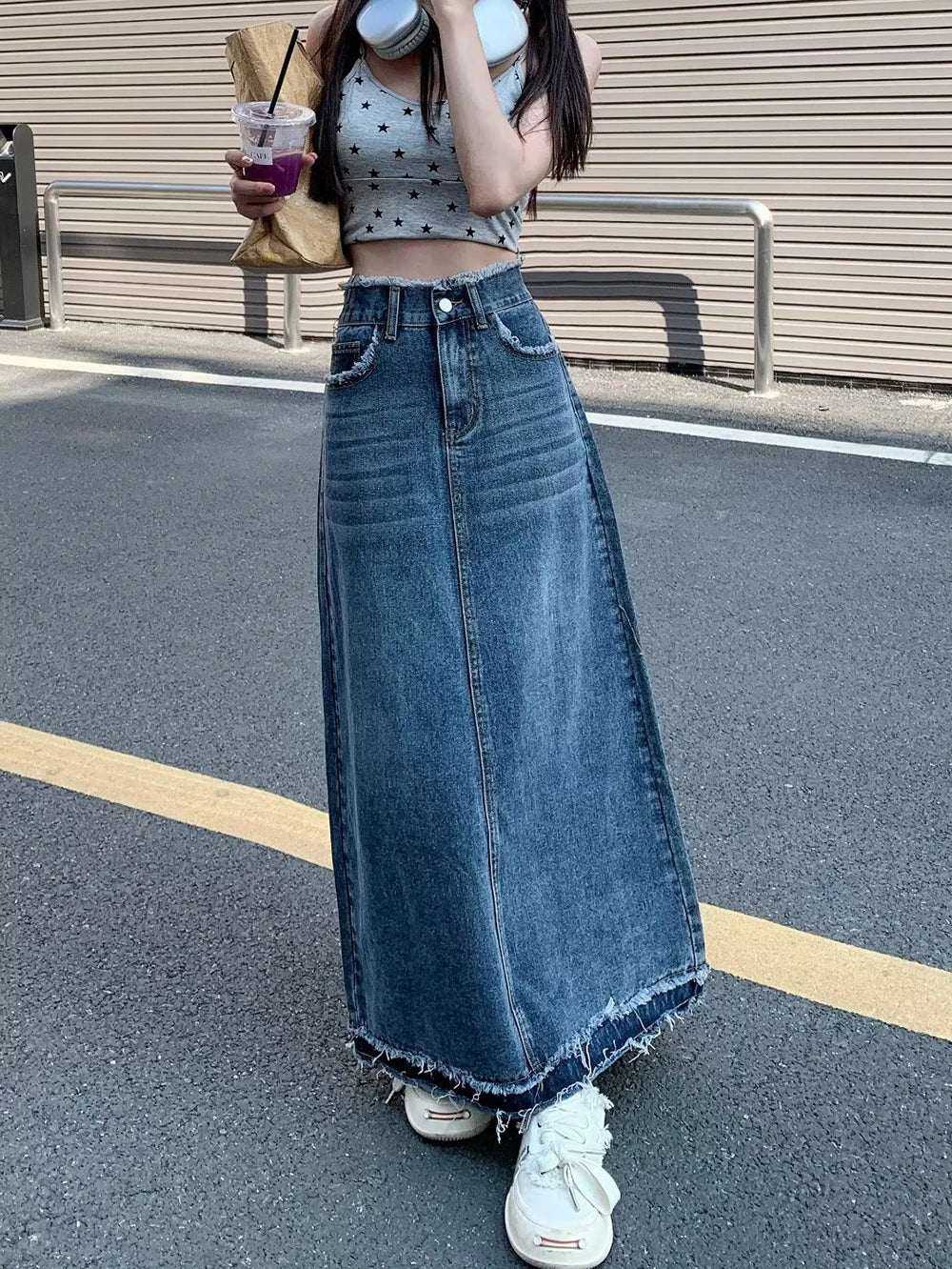 Summer Street Style Rough Edge Skirt Korean Version Women Retro Casual High-waisted A-line Skirt Temperament Loose Denim Skirts