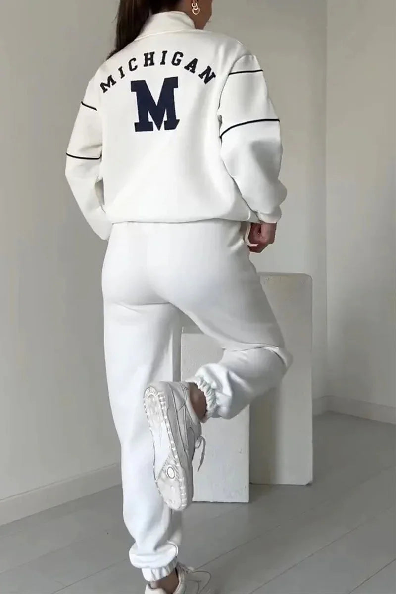 Autumn Winter New Fashion Letter Print Sweatshirt Set Casual Zipper Half Open Collar Long-sleeve Top + Sweatpants Two-piece Suit BAZAARHUBO