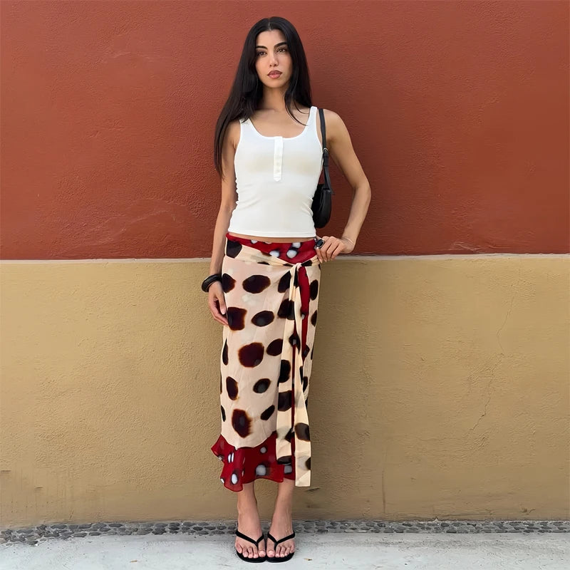 Women Two Tone Dot Print Long Sleeve Split Midi Dress Y2K Deep V Drawstring Slim Mermaid Skirt 2026 Street Club Party Outfit