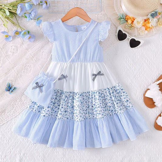 Fashion kids girl Summer Dress Set +Bag Blue White Floral Layered Ruffle Sleeveless Sundress for 2-7Y Casual Children Clothes