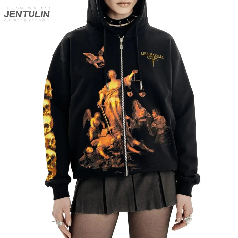 Streetwear Men Zipper Hoodie justice Graphic Print Zip Hooded Pullover Sweatshirt Hip Hop Jacket Y2K Coat Clothing Goth Top Punk