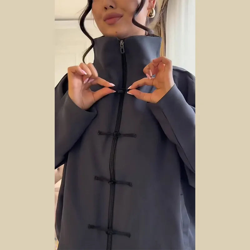 Casual Zipper Shirt Pants Suit Women Solid Button Stand Collar Drawstring Shirts Loose High Waist Trousers 2026 Spring Set Lady