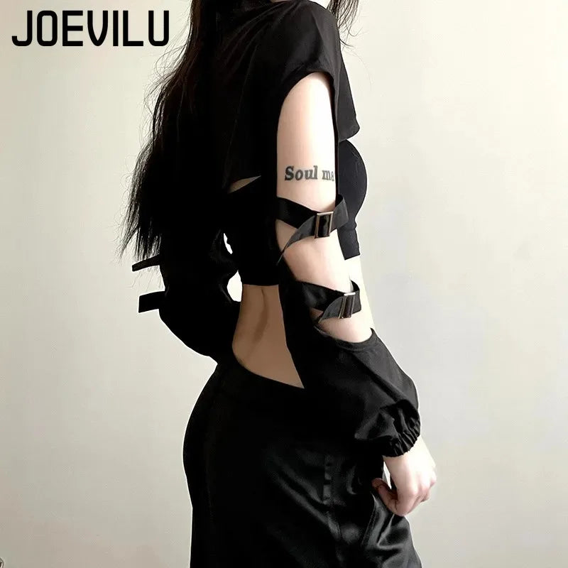 JOEVILU Women's Cyberpunk Goth Harajuku Crop Tops Long Sleeve Hollow Out Zipper T Shirt Y2K Grunge Streetwear Jacket for Dancing