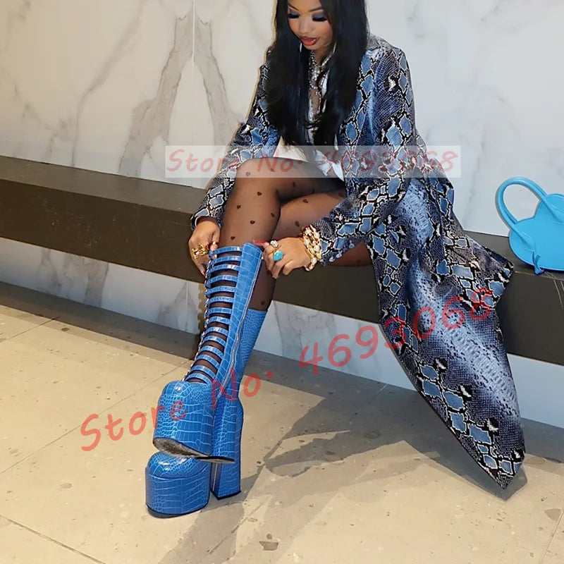 Blue Strappy Platform Mid Calf Boots Women Spring Crocodile Print Round Toe Boots Ladies 14 Buckle Straps Chunky High Heel Shoes