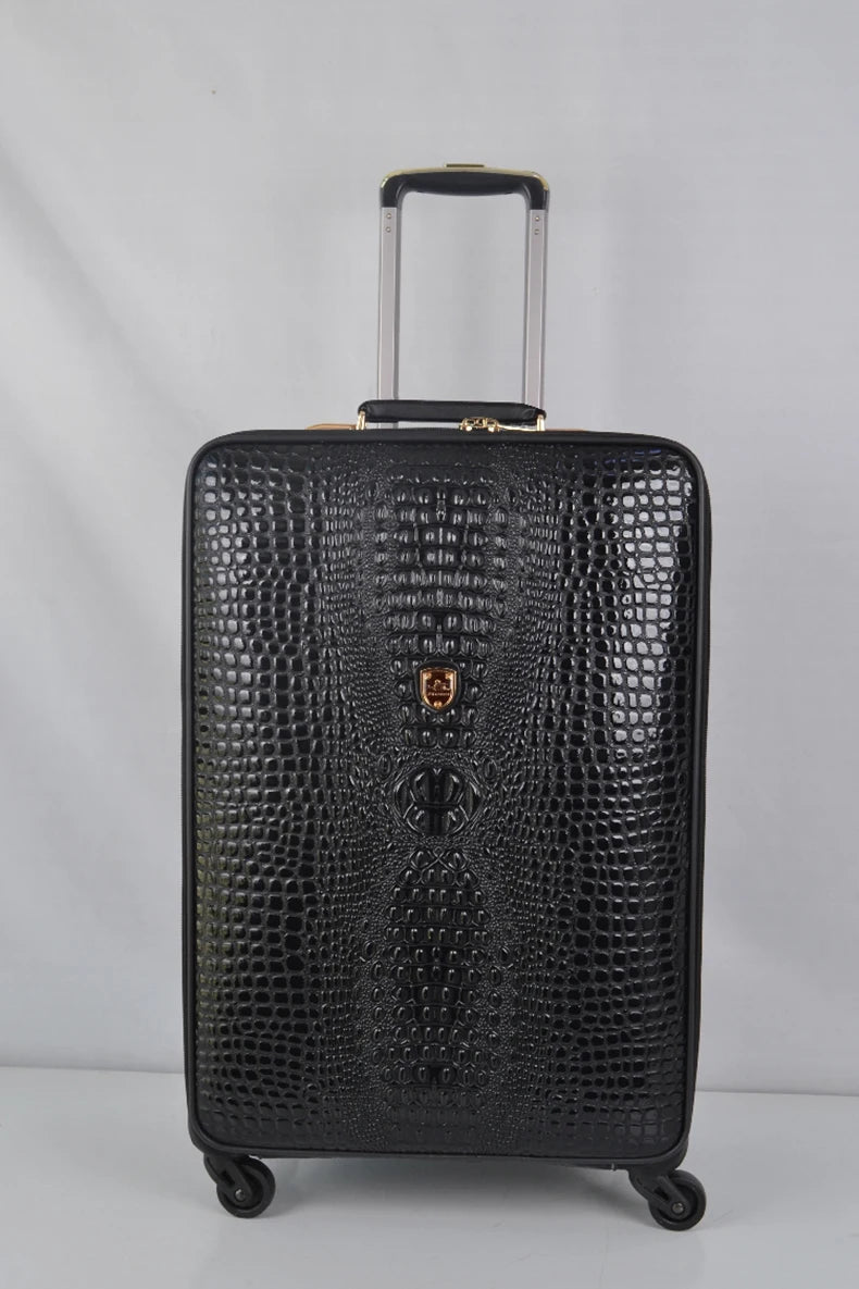 Crocodile pattern leather rolling luggage 16/20/24 inch boarding trolley suitcase real leather men's and women's travel luggage