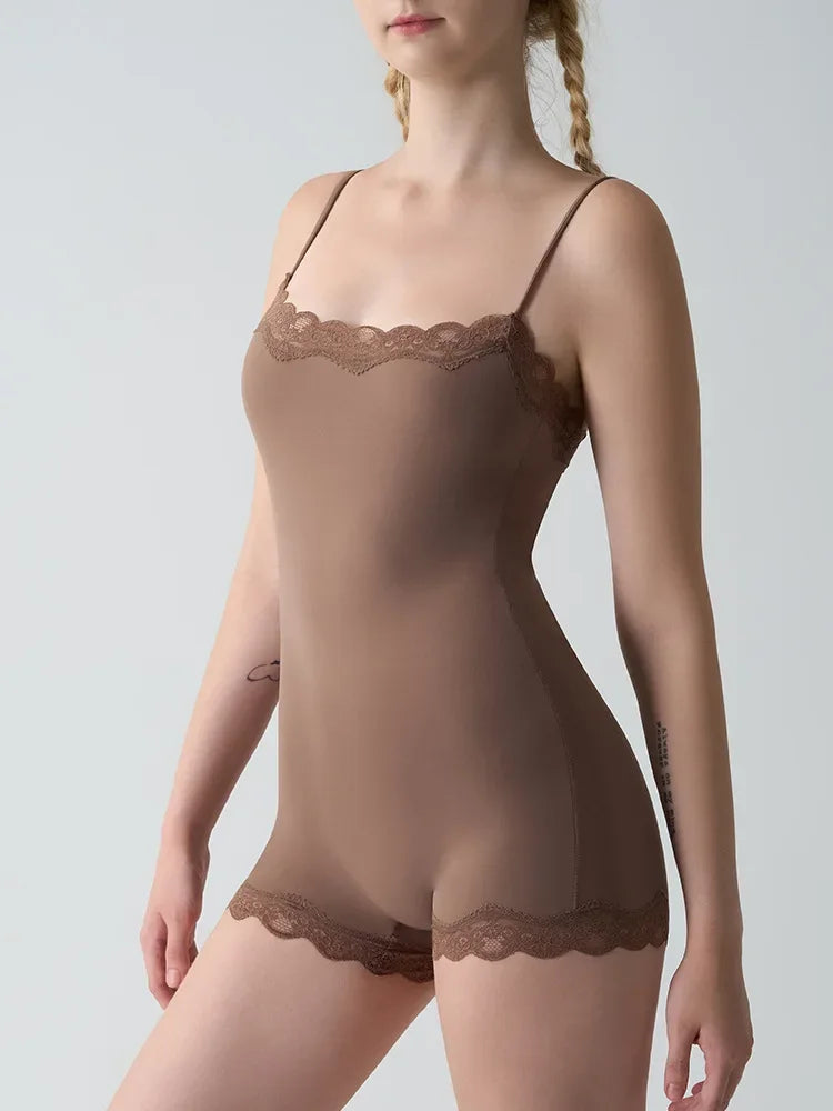 Square Neck Spaghetti Strap Bodysuits Lace Trim Women Sleeveless Slimming Bodycon Jumpsuit Romper