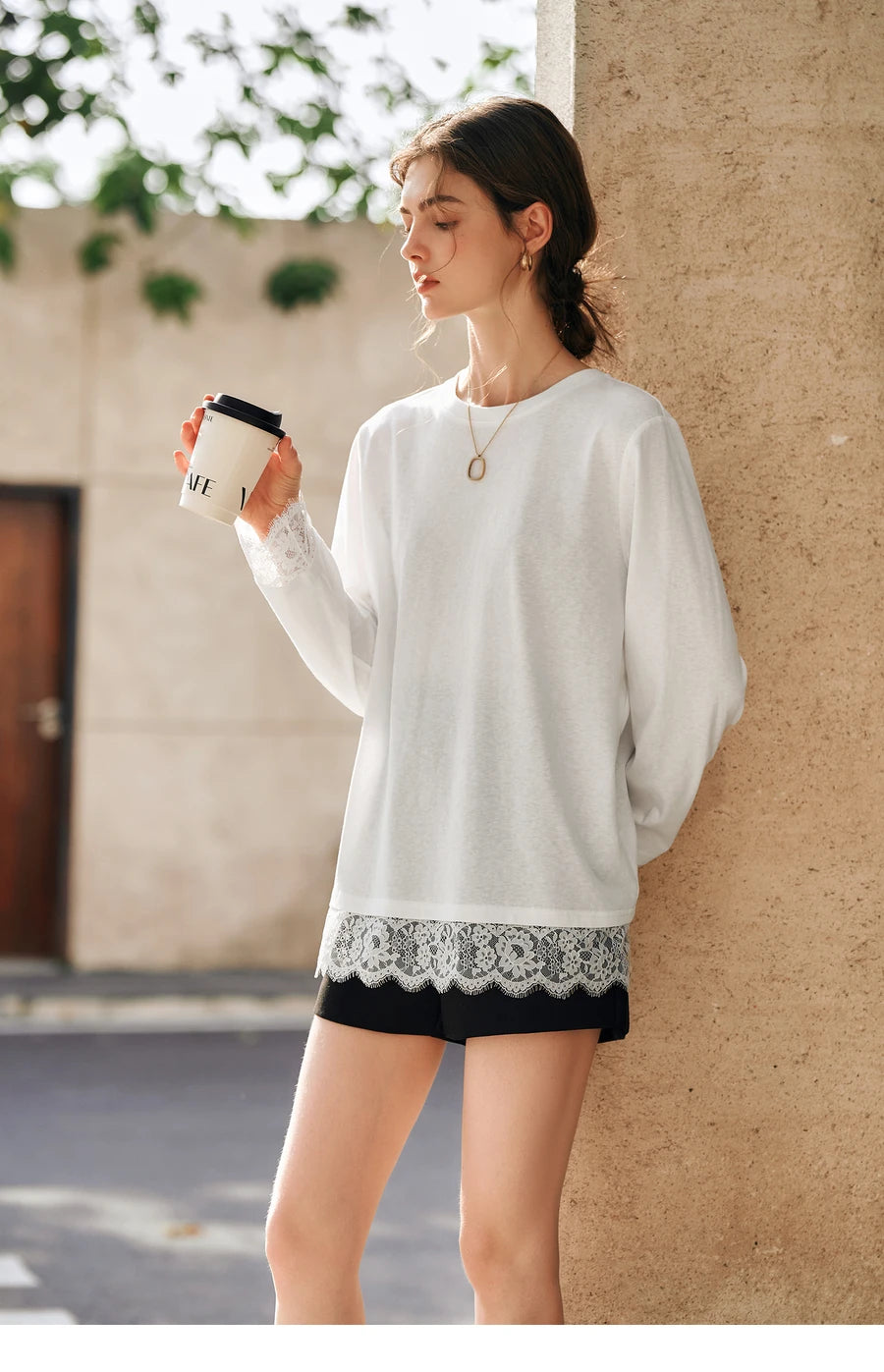 OLrain Cotton White T-shirt Women 2026 Autumn Casual Loose Tee Shirt Crewneck Lace Long Sleeve Tops Woman Clothing N57CT95669