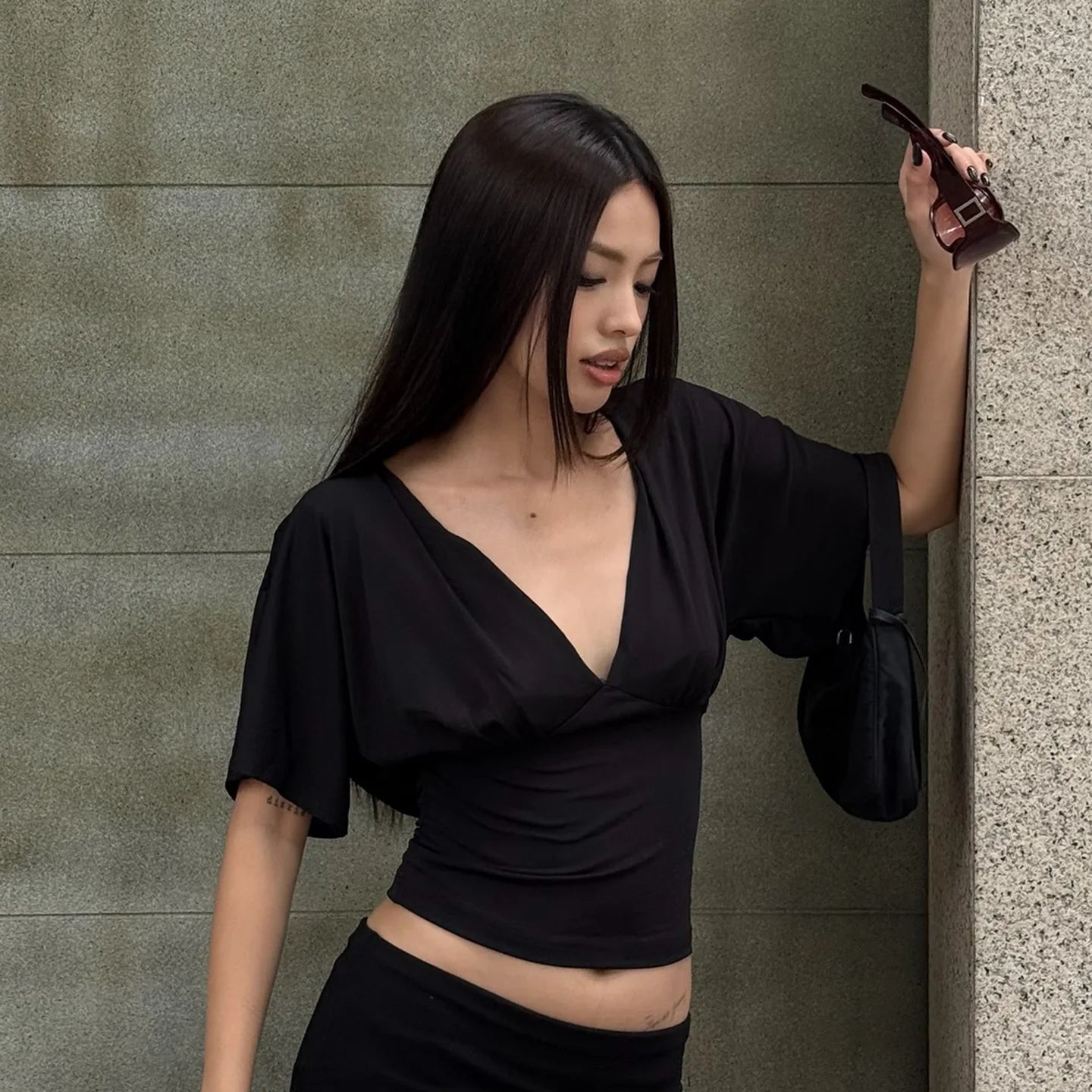 Women's Lace Patchwork Deep V Neck Tie Up Slim Fit Half Sleeve T-Shirt Crop Top