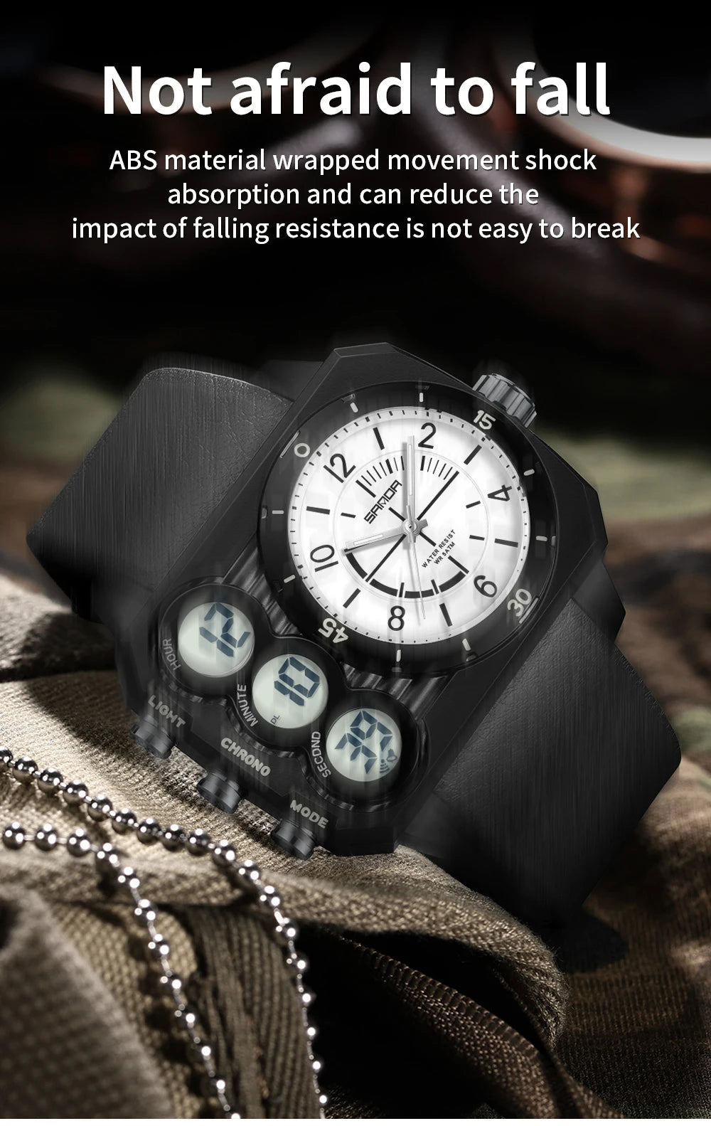 SANDA Men Watch Square Big Dial Waterproof Double Display Wristwatch Man Chronograph Digital Clock Men's Military Quartz Watches