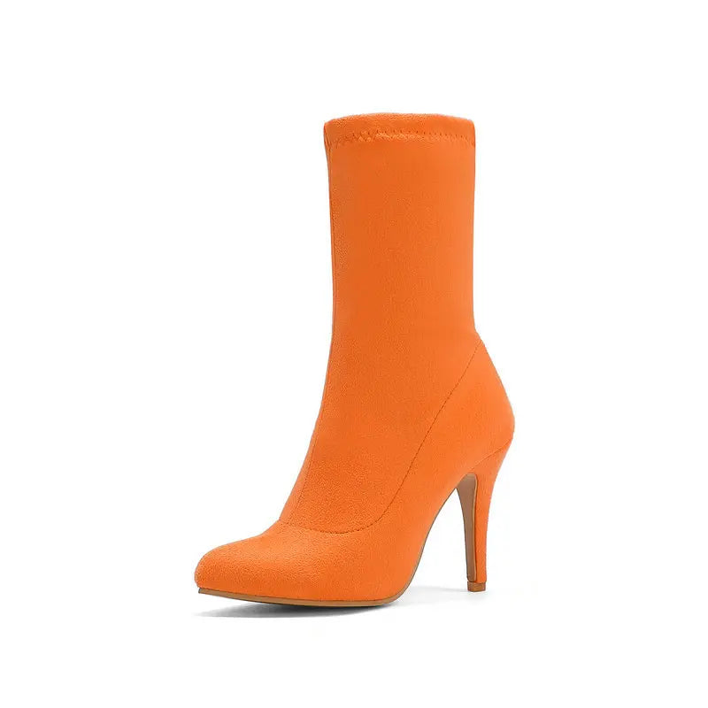 2023 Autumn Winter Sock Short Boots Lady Mid-Calf Thin High Heels Large Size 46 Fashion Women Shoes Elastic Flock Pointed Boots