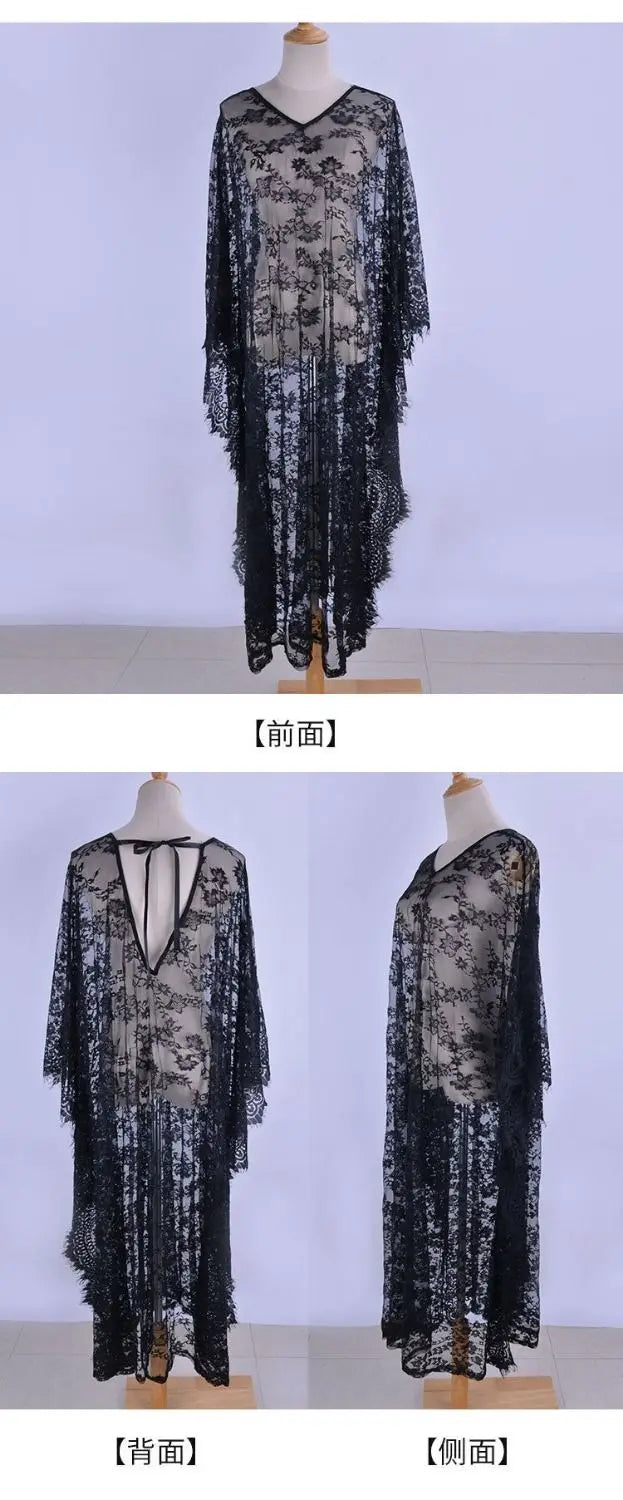 Sexy Lace Beach Bikini Cover Up Robe Pareo Beachwear Swimwear Women Dress Black White Swimsuit Hollow Out See-through Vacation