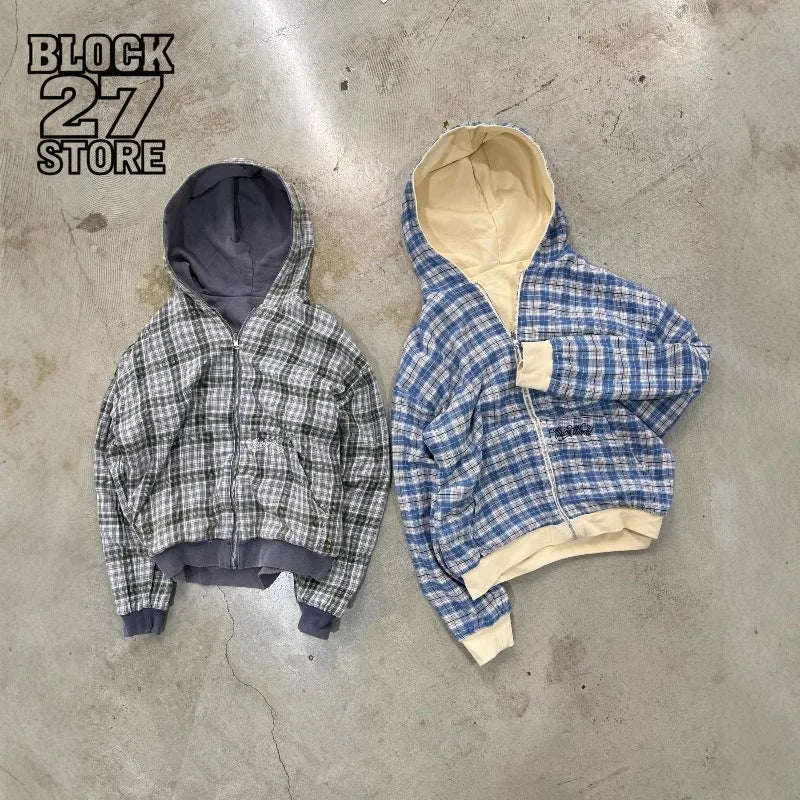 Harajuku Y2K Men's Hoodie Tracksuit Autumn Winter Two-Way Wear Plaid Zip Up Sweatshirt Casual Streetwear Retro Fashion New Style