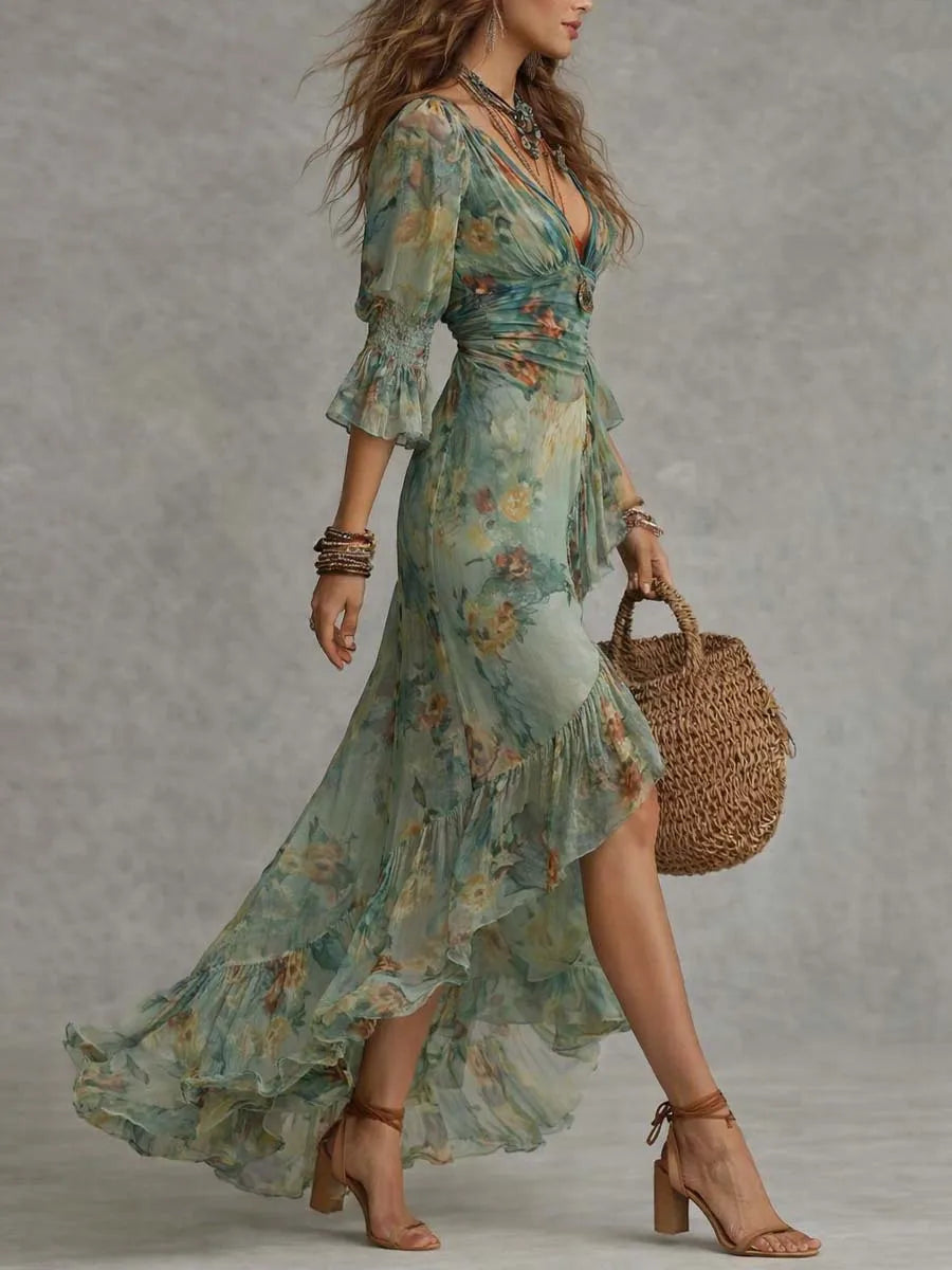 Sexy Elegant Dress For Spring Summer Retro Bohemian Print Holiday Style V-neck Lotus Leaf Sleeve Pleated Slit Irregular Dresses