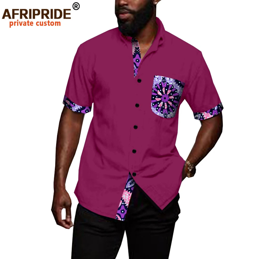 African Shirts for Men Denim Thin Shirt Short Sleeve Pockets Slim Slight Elastic Jeans Cowboy Shirt Clothing Crop Top A2012006