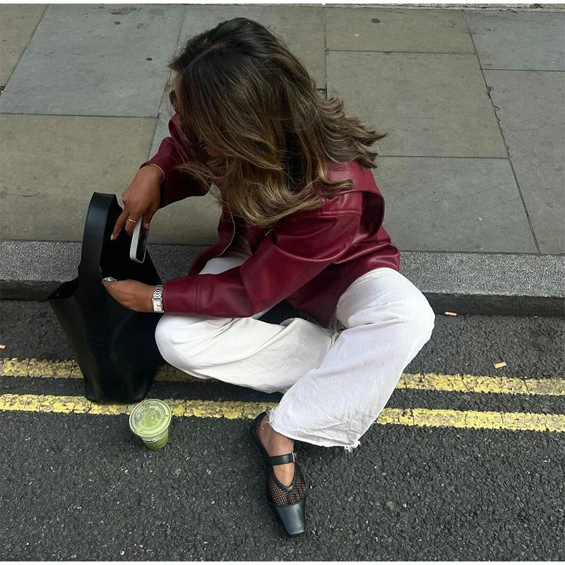 Zekye Spring Summer Women Jackets Fashion Lapel Zipper Long Sleeve Female Coats Lady Street Outwear Burgundy Leather Jacket