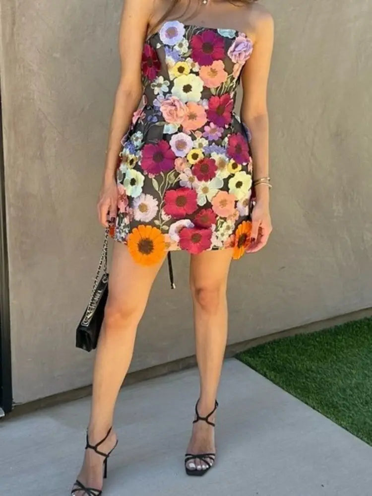 Women's 3D Floral Embroidery Backless Sleeveless Mini Dress Self Tie Evening Gown Elegant Short Dress for Party Cocktail Wedding