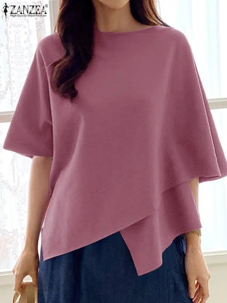 ZANZEA Women Fashion Blouse Chic 3/4 Sleeve Ruffle Hem Top Shirt 2025 Summer Round Neck Loose Blusa Elegant Irregular Work Tunic