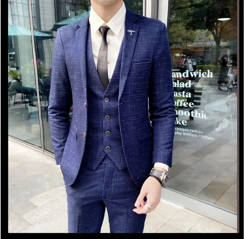 2023 Men's British Fashion Three-piece Set Slim Fit Suit Vest Trousers Ensemble Handsome Trendy All-in-one Banquet Blaze