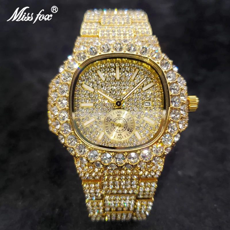MISSFOX Iced Out Watch For Men Luxury Fashion Gold Quartz Watches Hip Hop High Quality Waterproof  Male Daimond Clock New Gift