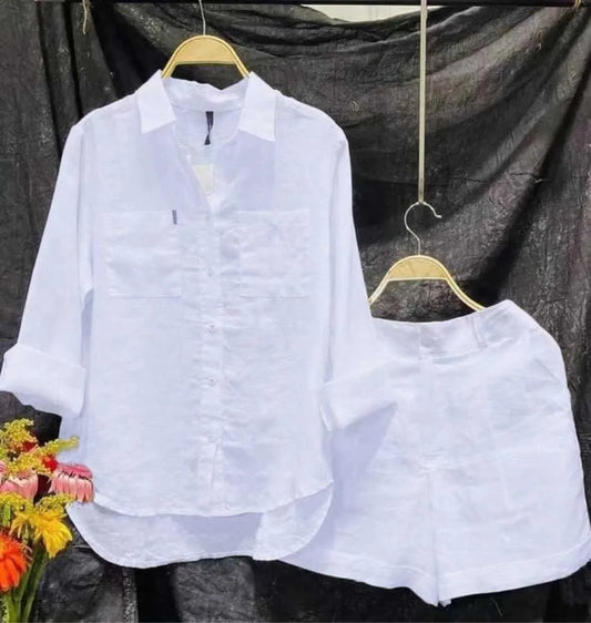 Summer Cotton Linen Casual Home 2 Piece Set For Women tracksuit 2026 Fashion White Long Sleeve Shirt And Shorts 2- Pcs Set Women