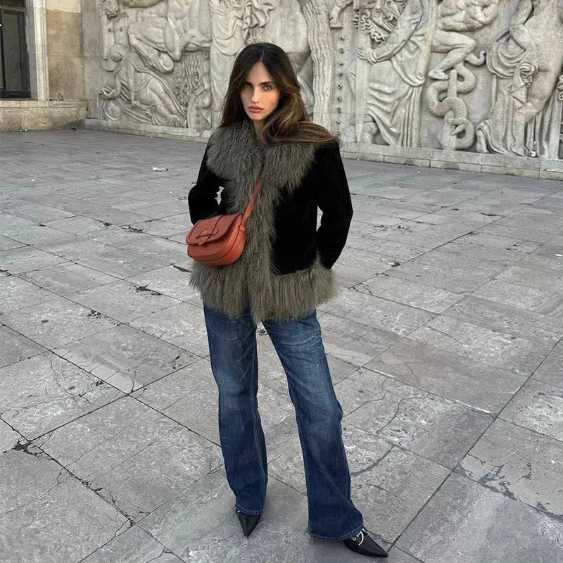 Vintage Patchwork Women's Faux Fur Trim Coat Urban Lapel Full Sleeve Female Jacket Female 2026 Autumn Winter Lady Streetwear New
