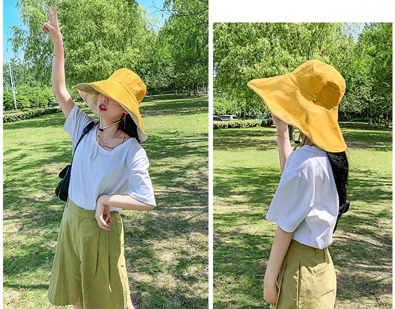 Wide Brim UPF 50+ Sun Hat Women Anti-UV Protection Hiking Fisherman Cap Fold Summer Solid Beach Hat 2024 Double sided Sun hat BAZAARHUBO
