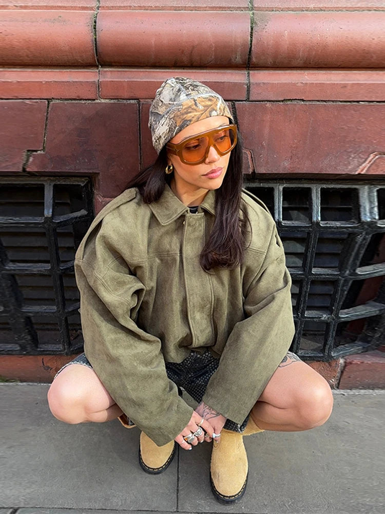 Fashion Suede Green Jackets Coat Women Lapel Full Sleeve Zipper Bomber Coats 2026 Spring New Loose Lady Street Solid Outwears