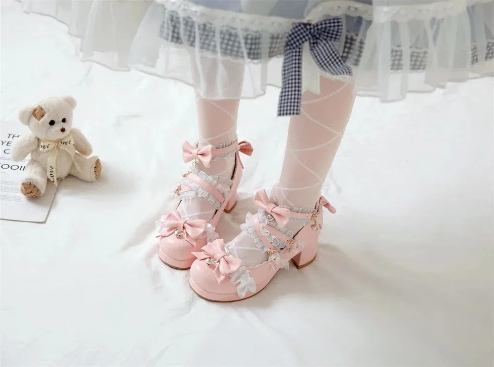 2025 Women High Heels Cross Strap Mary Jane Pumps Party Wedding White Pink Black Ruffles Bow Princess Cosplay Lolita Shoes 41