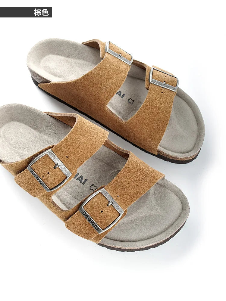 Genuine Leather Men Women Cow Suede Slippers Boy Girl Beach Slides Classic Cork Footbed Women Sandals  With Orthopedic Diabetic