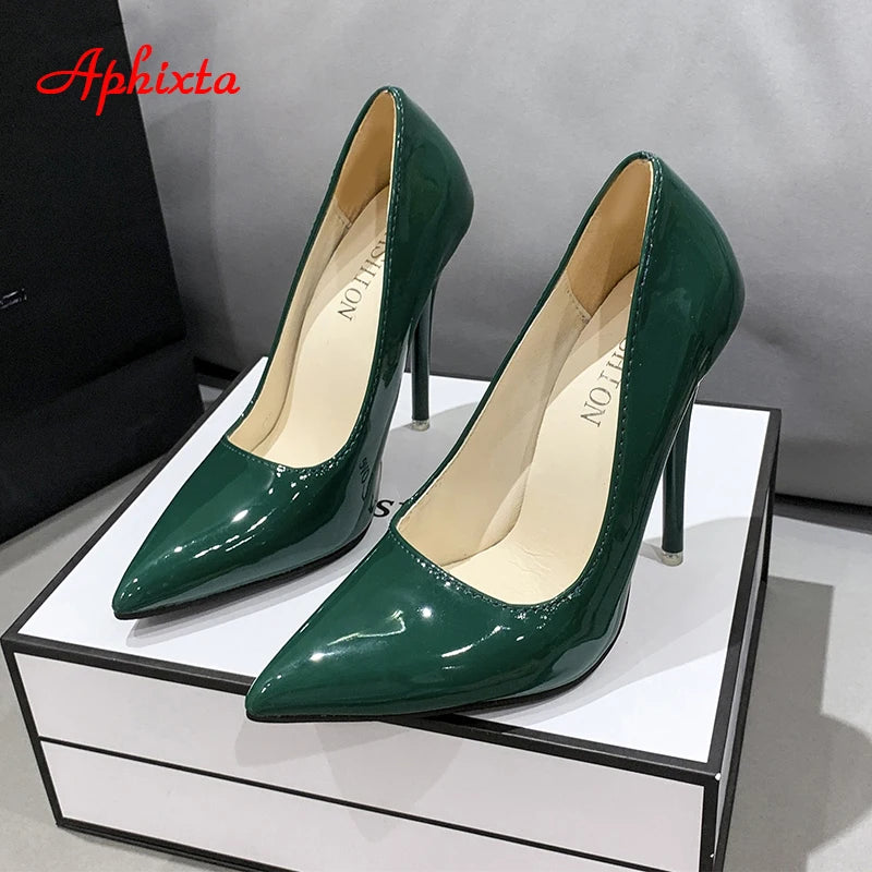 Aphixta New 4.72Inch Super High Stiletto Heels Patent Leather Women Pumps Colorful Officia Pointed Toe Shoes Plus Big Size 49 50