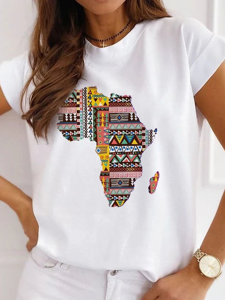 New African Funny Ladies Clothes Casual Short Sleeve Tshirt T Shirt O-neck Loose Summer White Tee Top Print Camisetas De Mujer