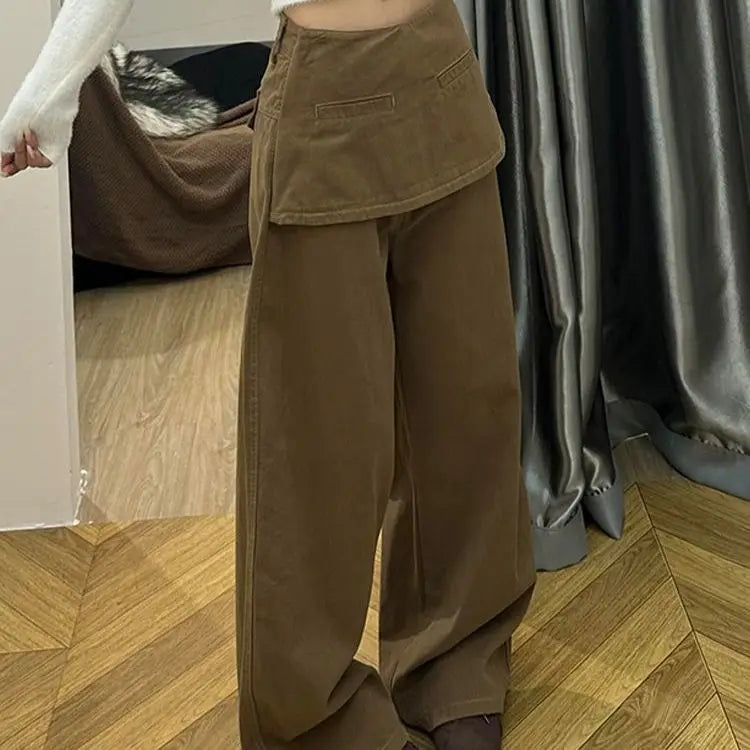Design Sense Splicing Stacked Skirt Pants Retro Fake Two-piece Floor-mopping Trousers
