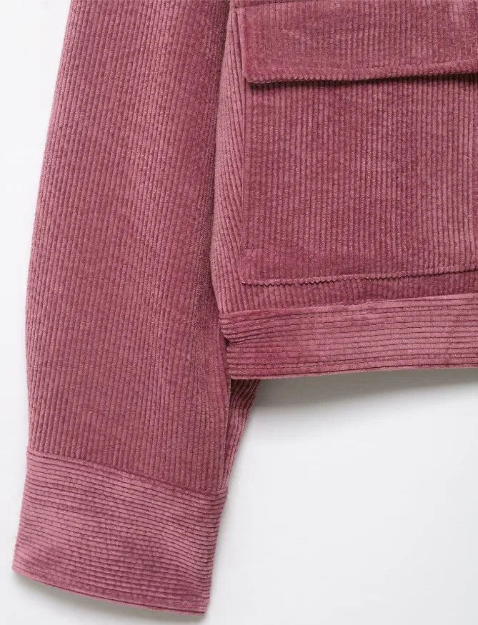 Women Pu Leather Collar Pink Cropped Jacket Corduroy Fashion Long Sleeve Zipper Coat 2026 New Lady Spring Chic Street Outwear