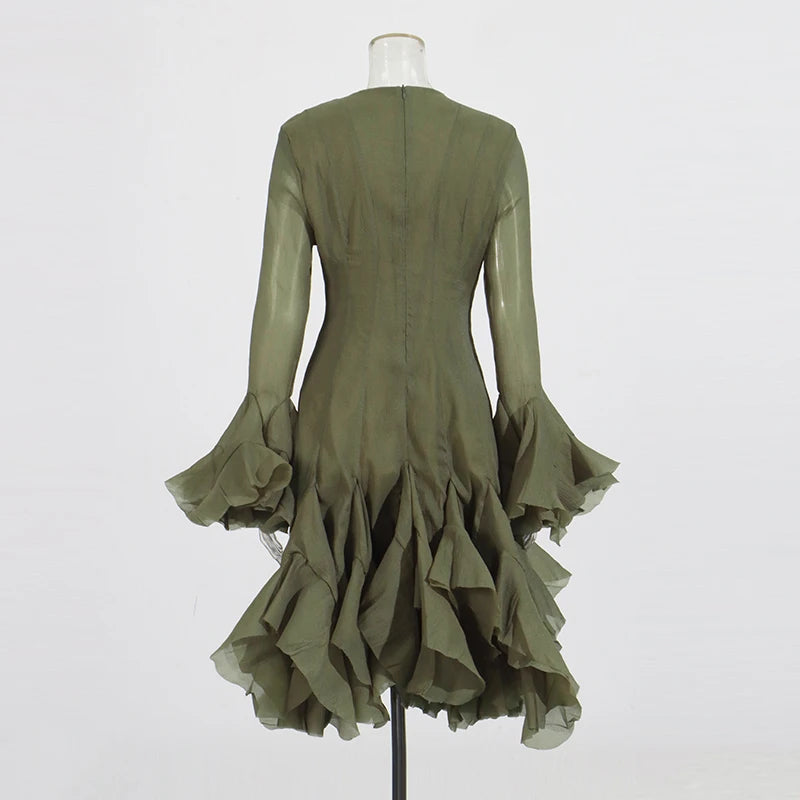 TWOTWINSTYLE Solid Long Dresses For Women Round Neck Flare Sleeve High Waist Slim A Line Spliced Ruffles Dress Female Fashion