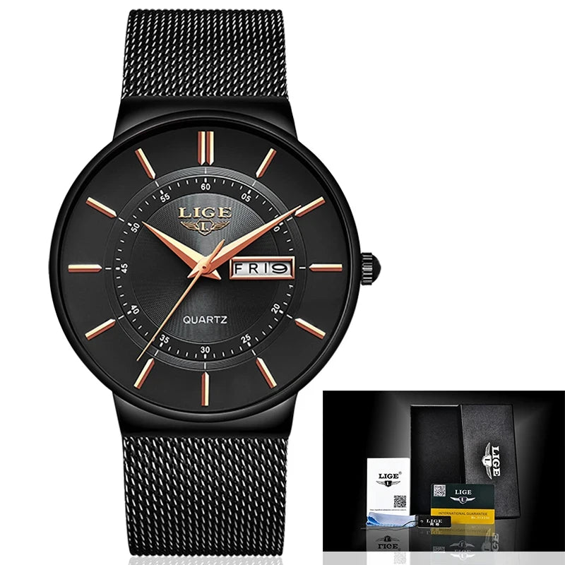 LIGE Fashion Man Watch Waterproof Sport Calendar Quartz Watch Men Top Brand Luxury Steel Strap Men's Watches Relogio Masculino